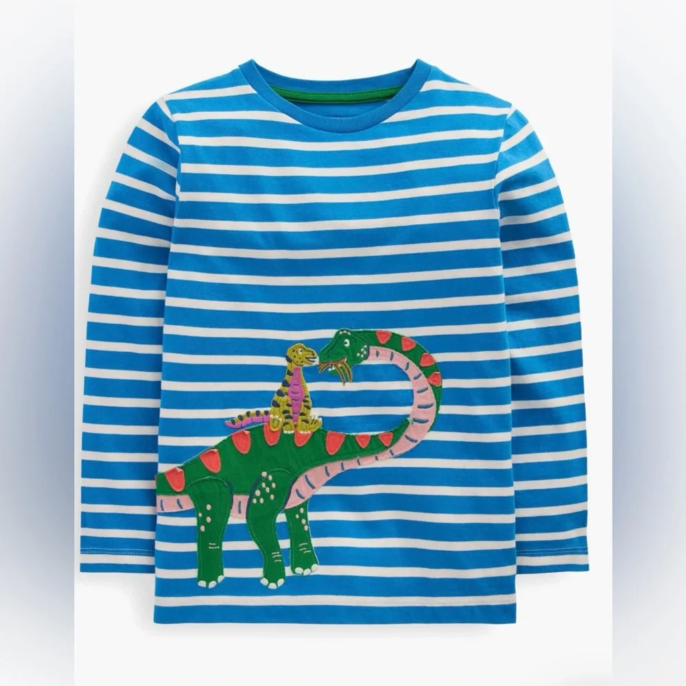*New* Mini Boden Blue Striped Dinosaur Top Long Sleeve Size 6-7